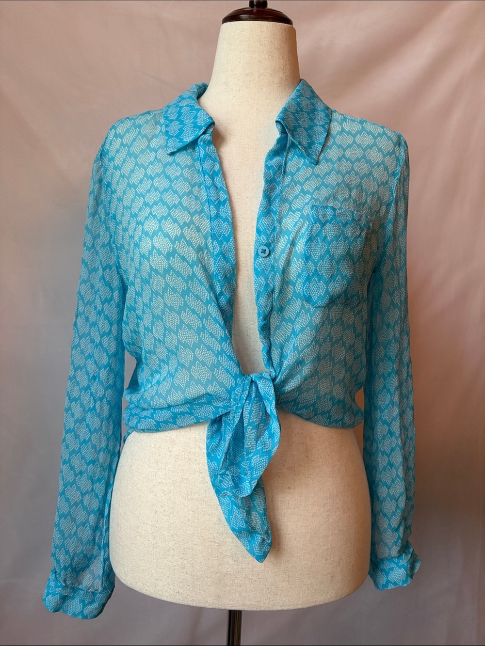 Diane Von Furstenberg Aqua Blue Silk Patterned Tie-Front Button-Down Shirt